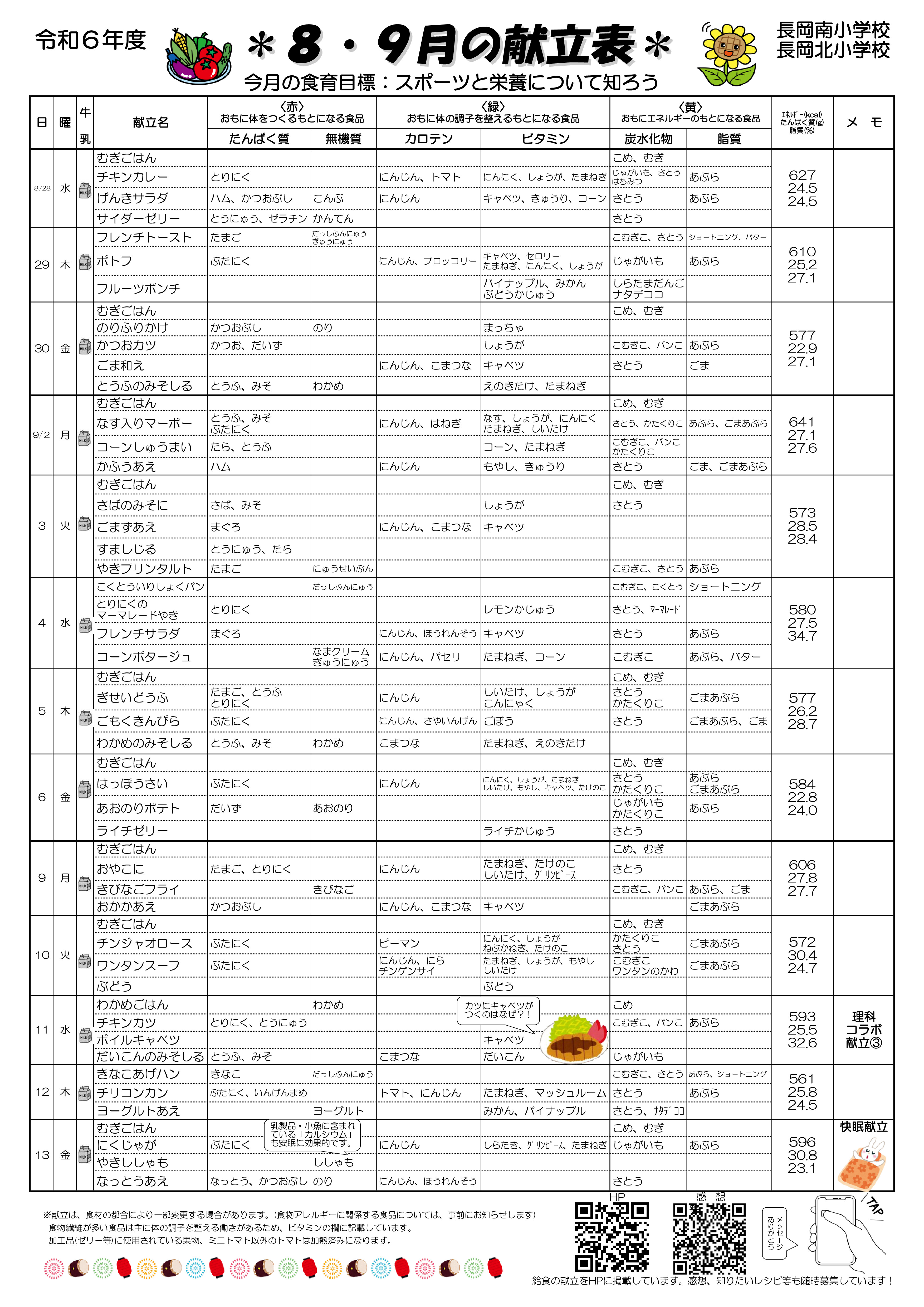 ８９月献立表